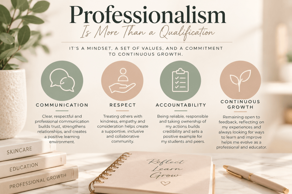 Info graphic illustrating four key qualities of professionalism: communication, respect, accountability and continuous growth